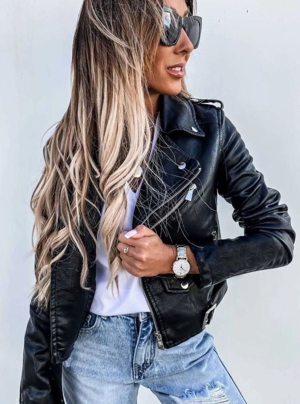 Women's Faux Leather Asymmetric Zip Biker Jacket, Black