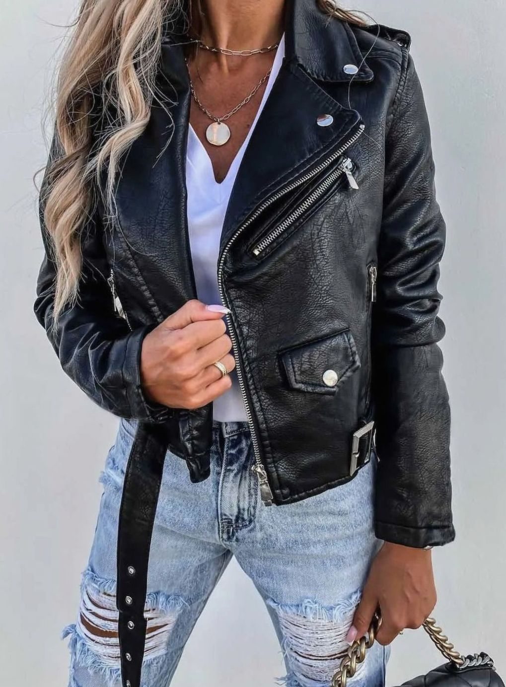 Women's Faux Leather Asymmetric Zip Biker Jacket, Black - Black