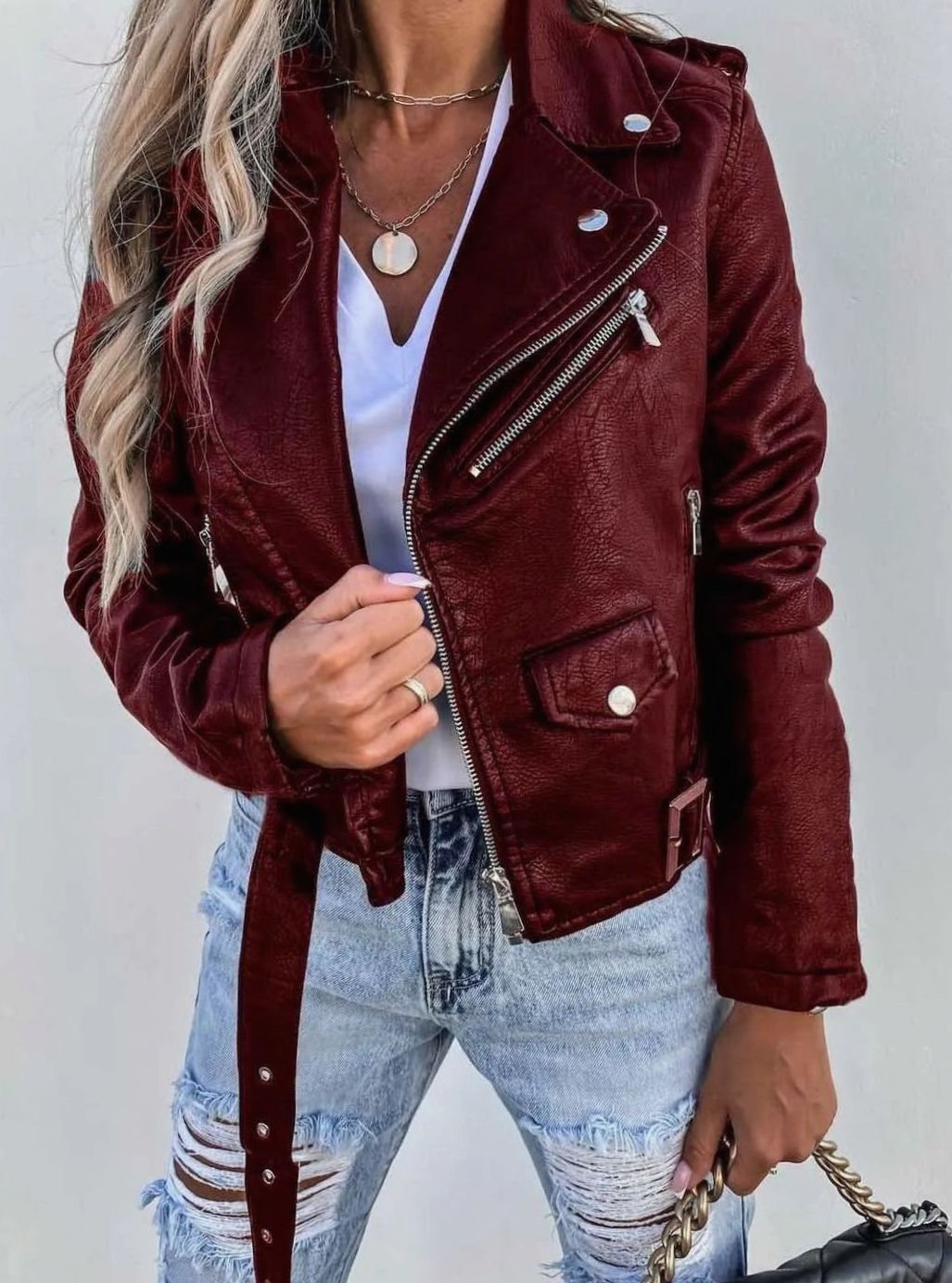 Women's Faux Leather Asymmetric Zip Biker Jacket, Black - Red