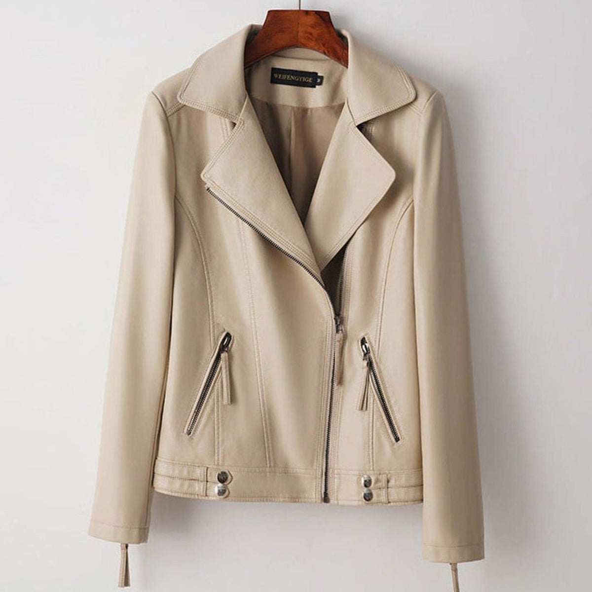 Women's Faux Leather Biker Jacket Structured Feminine Zip-Up - Cream