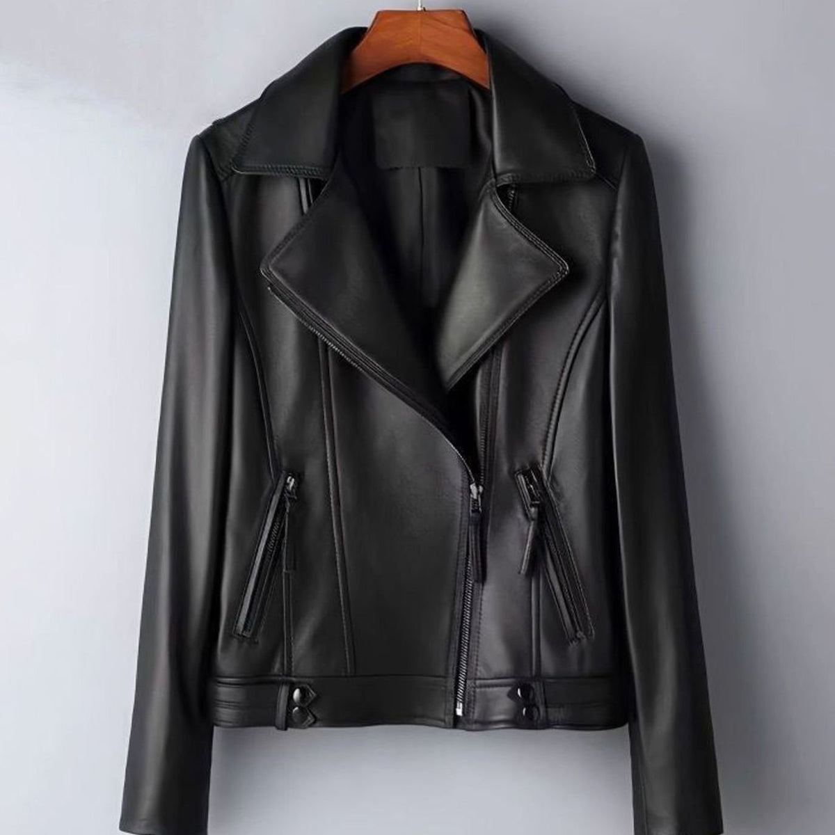Women's Faux Leather Biker Jacket Structured Feminine Zip-Up - Black