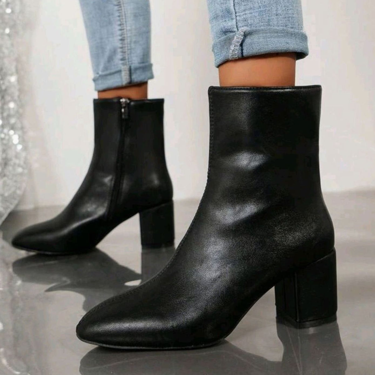 Women's Faux Leather Pointed-Toe Block Heel Ankle Boots - Black