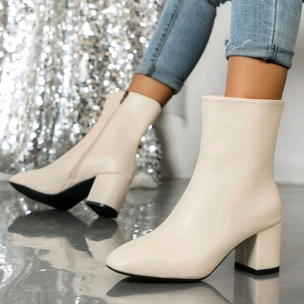 Women's Faux Leather Pointed-Toe Block Heel Ankle Boots