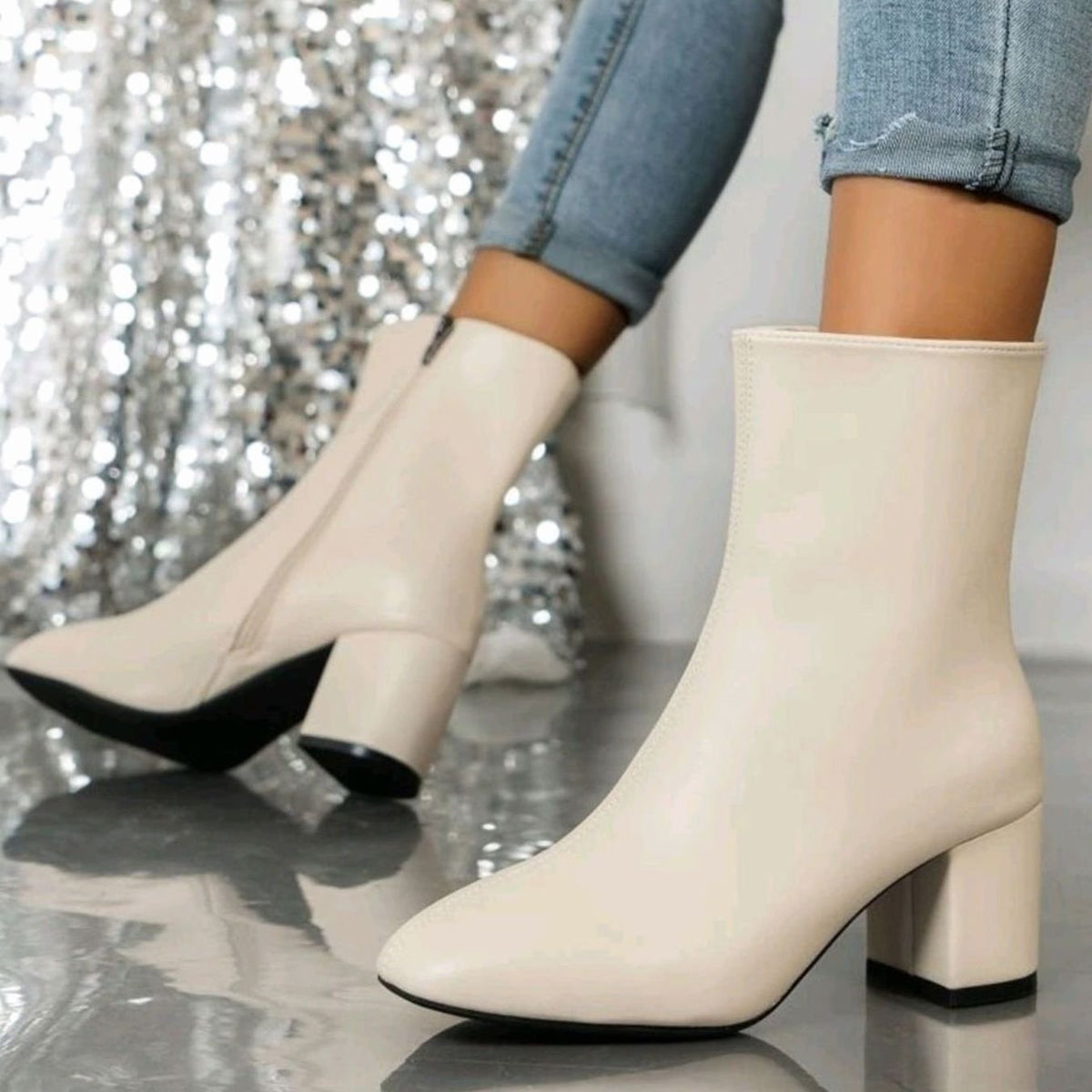 Women's Faux Leather Pointed-Toe Block Heel Ankle Boots - Beige
