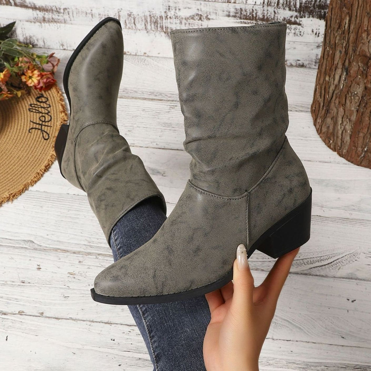 Women's Faux Leather Slouch Block-Heel Mid-Calf Boots - Grey