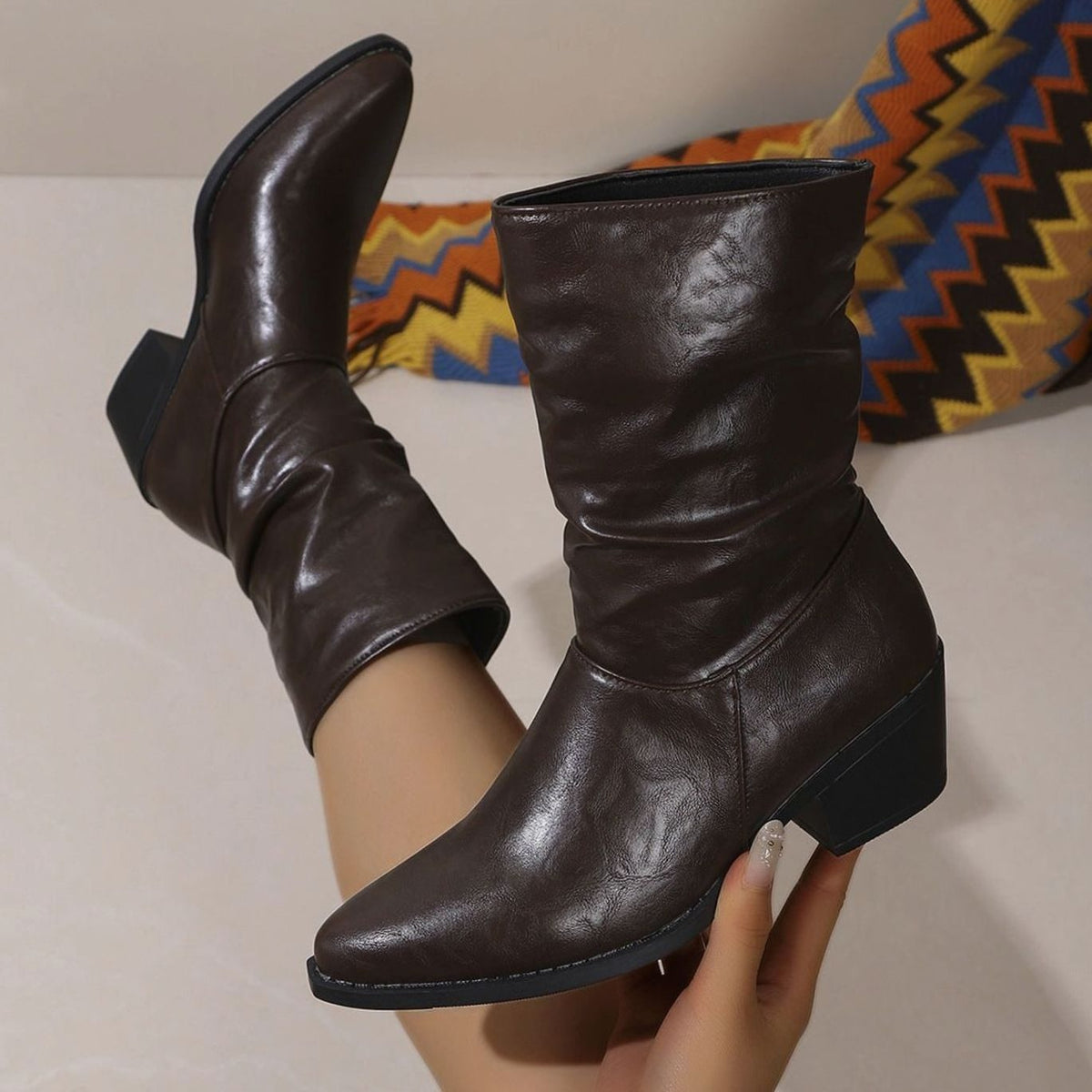 Women's Faux Leather Slouch Block-Heel Mid-Calf Boots - Brown
