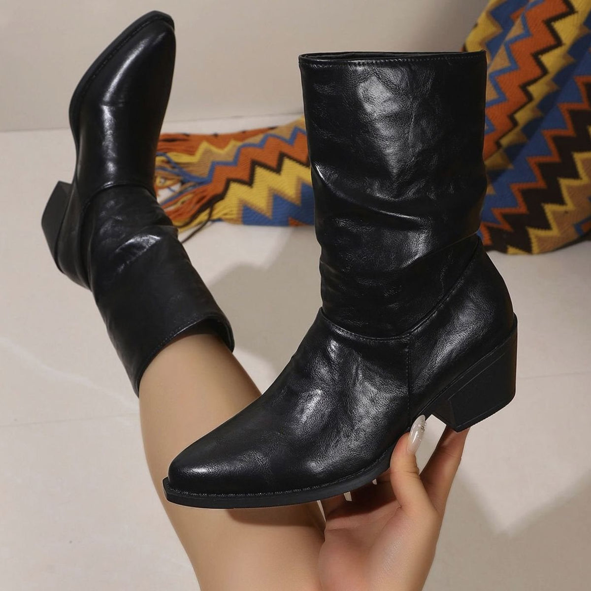 Women's Faux Leather Slouch Block-Heel Mid-Calf Boots - Black