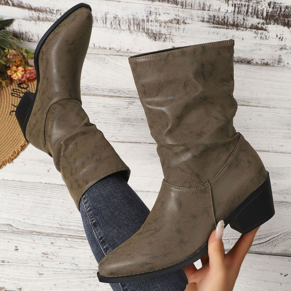 Women's Faux Leather Slouch Block-Heel Mid-Calf Boots - Khaki