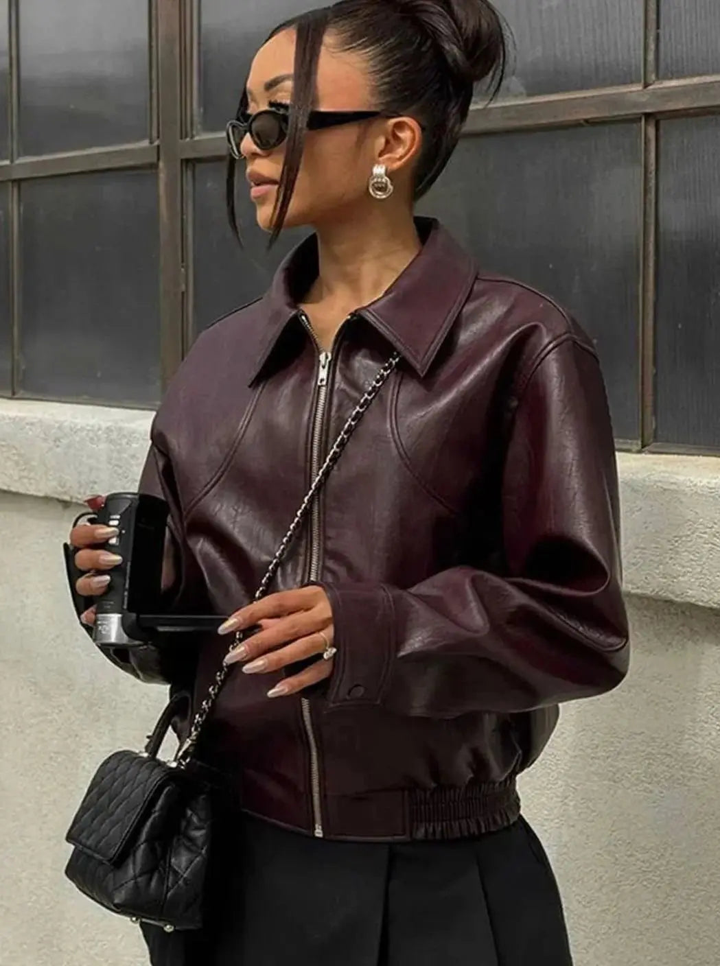 Women's Faux Leather Zip-Up Bomber Jacket - Burgundy