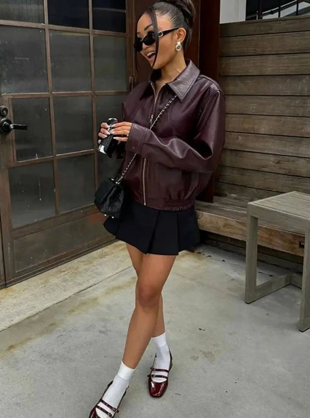 Women's Faux Leather Zip-Up Bomber Jacket