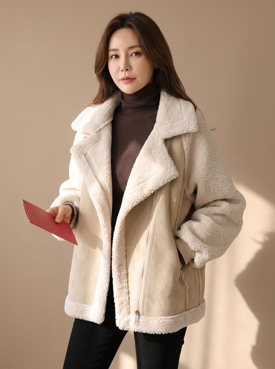 Women's Faux Shearling Suede-Finish Zip-Up Teddy Coat Jacket - Beige
