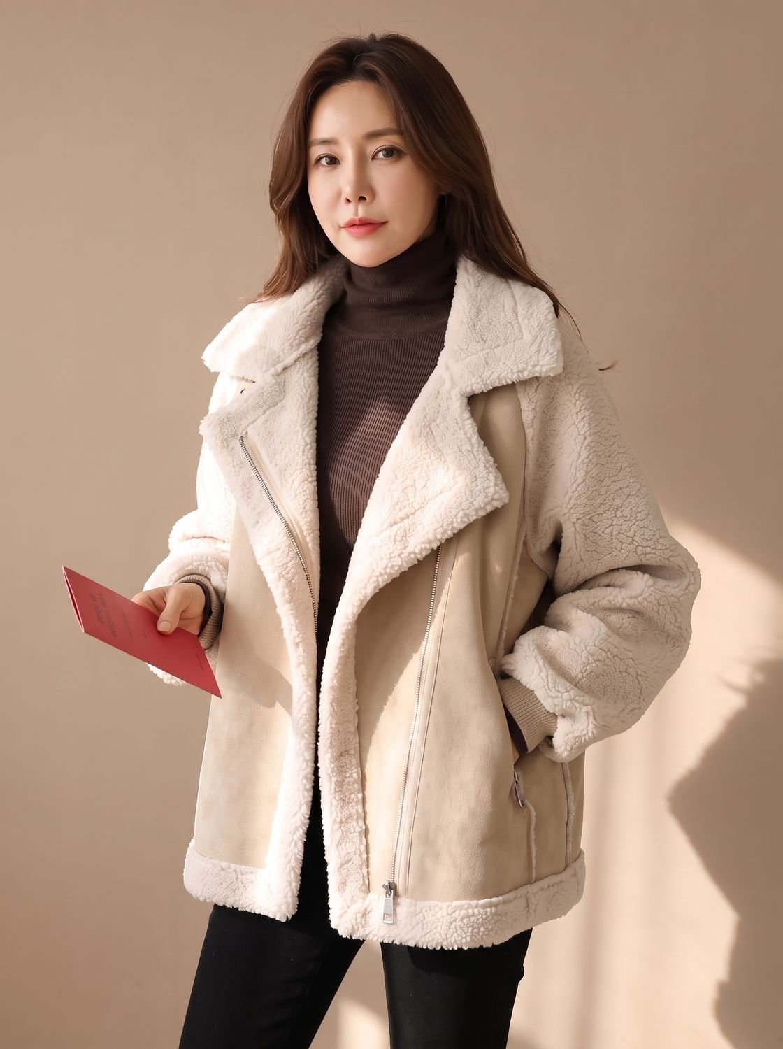 Women's Faux Shearling Suede-Finish Zip-Up Teddy Coat Jacket - Cream and Beige