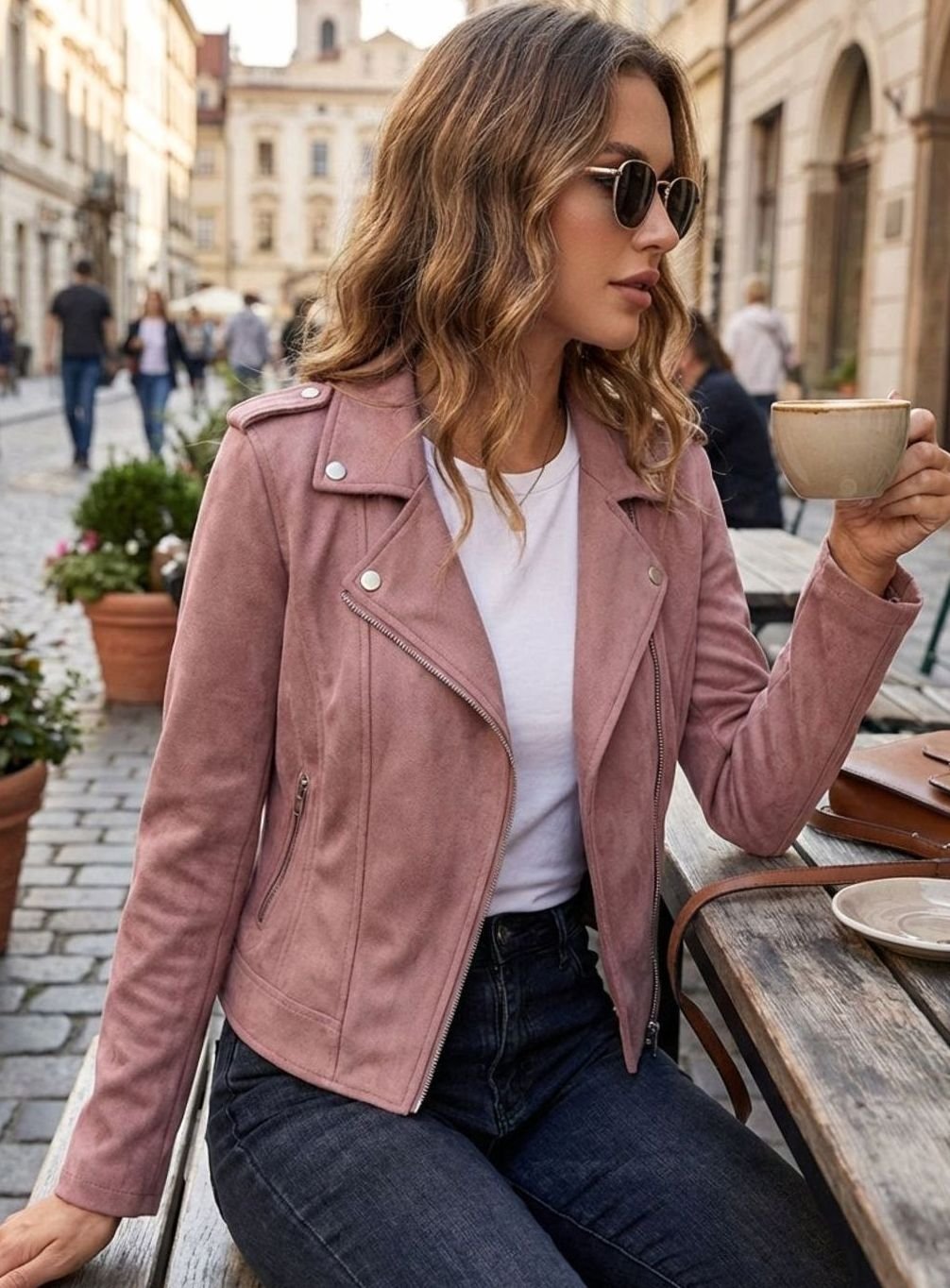 Women's Faux Suede Asymmetric-Zip Biker Jacket - Pink