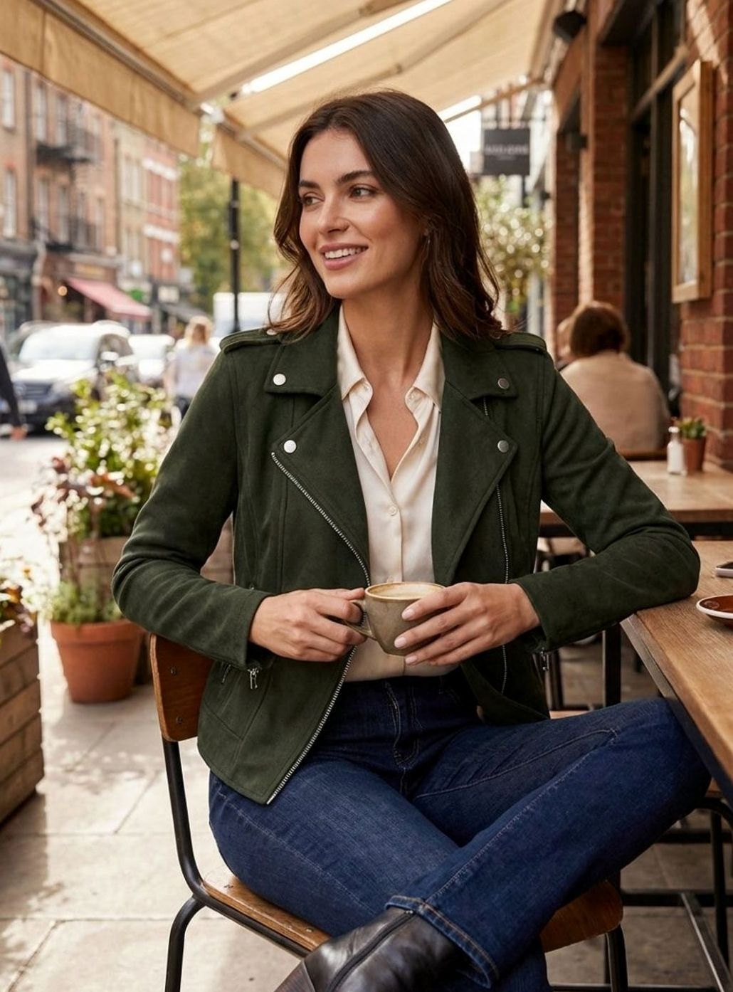 Women's Faux Suede Asymmetric-Zip Biker Jacket - Green