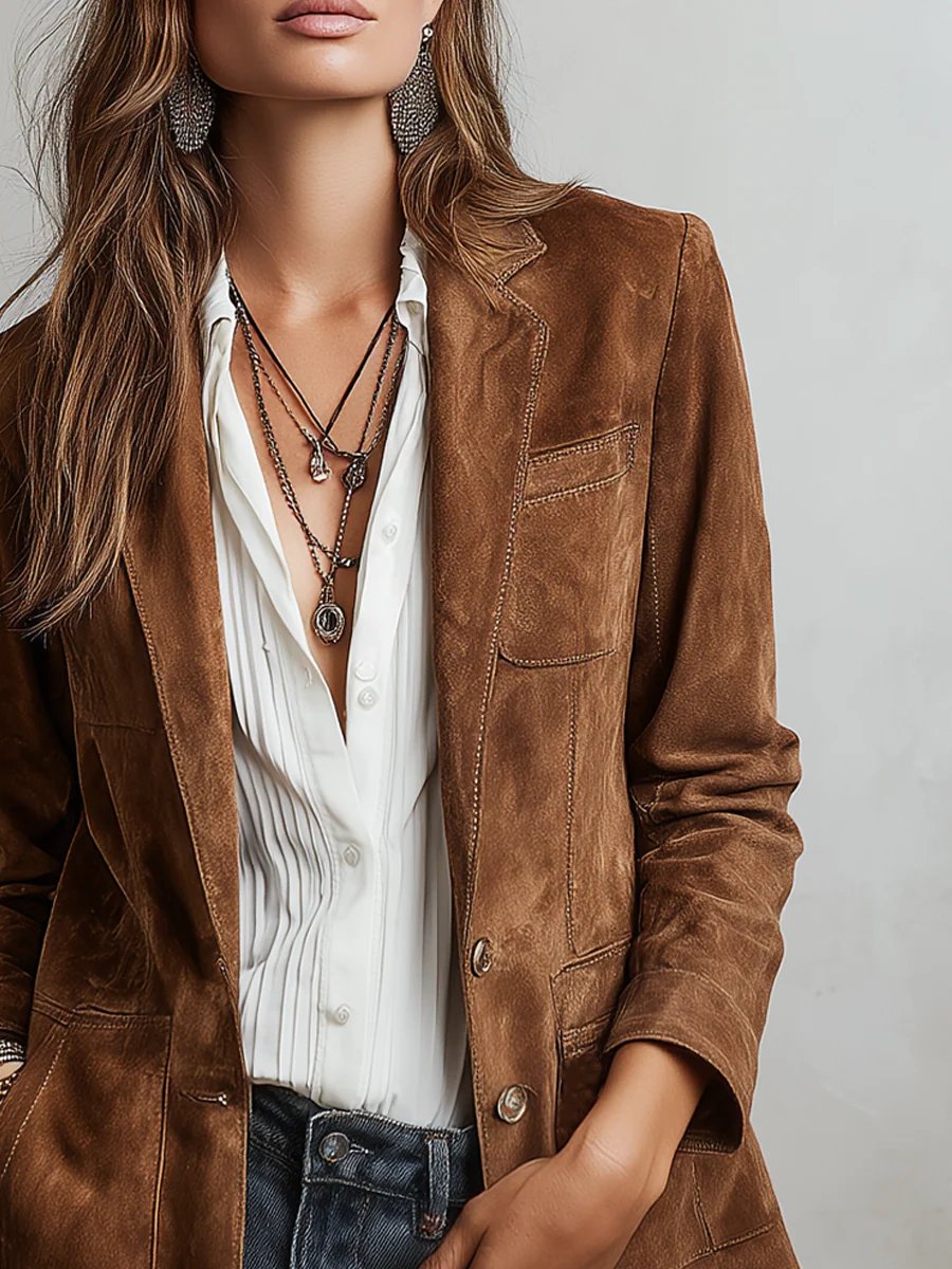 Women's Faux Suede Blazer Tailored Fit Vintage Style