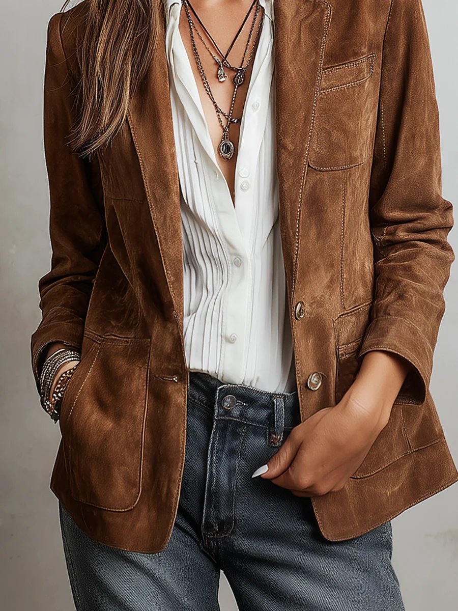 Women's Faux Suede Blazer Tailored Fit Vintage Style
