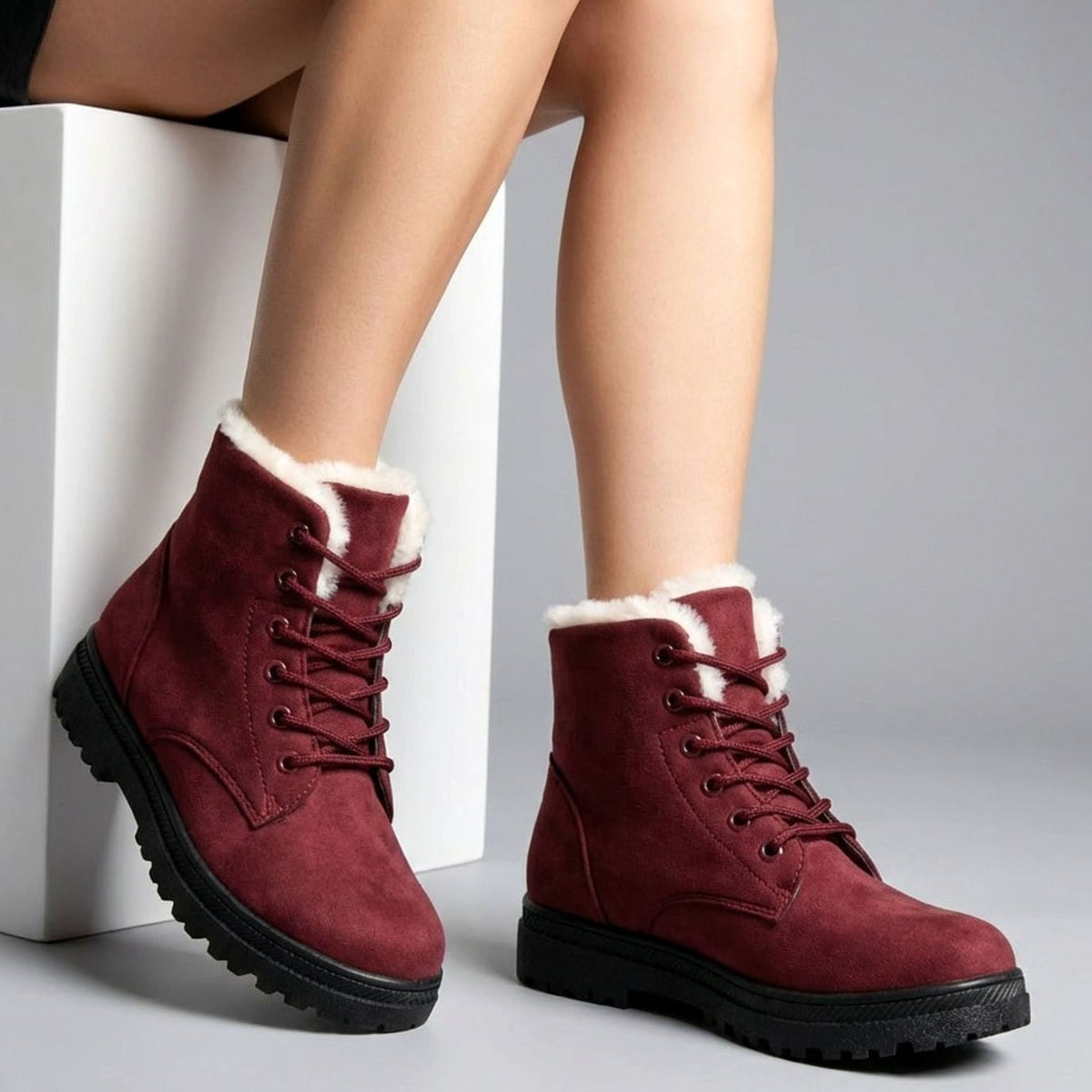 Women's Faux-Suede Fur-Lined Lace-Up Ankle Boots
