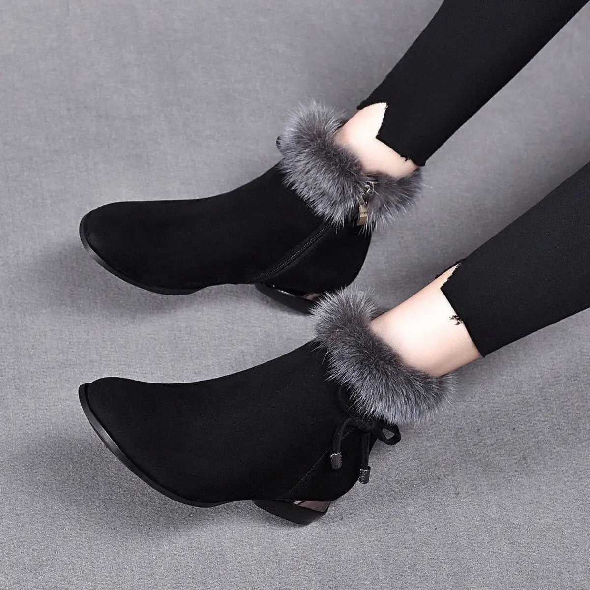 Women's Faux-Suede Fur-Trim Flat Ankle Boots - Black
