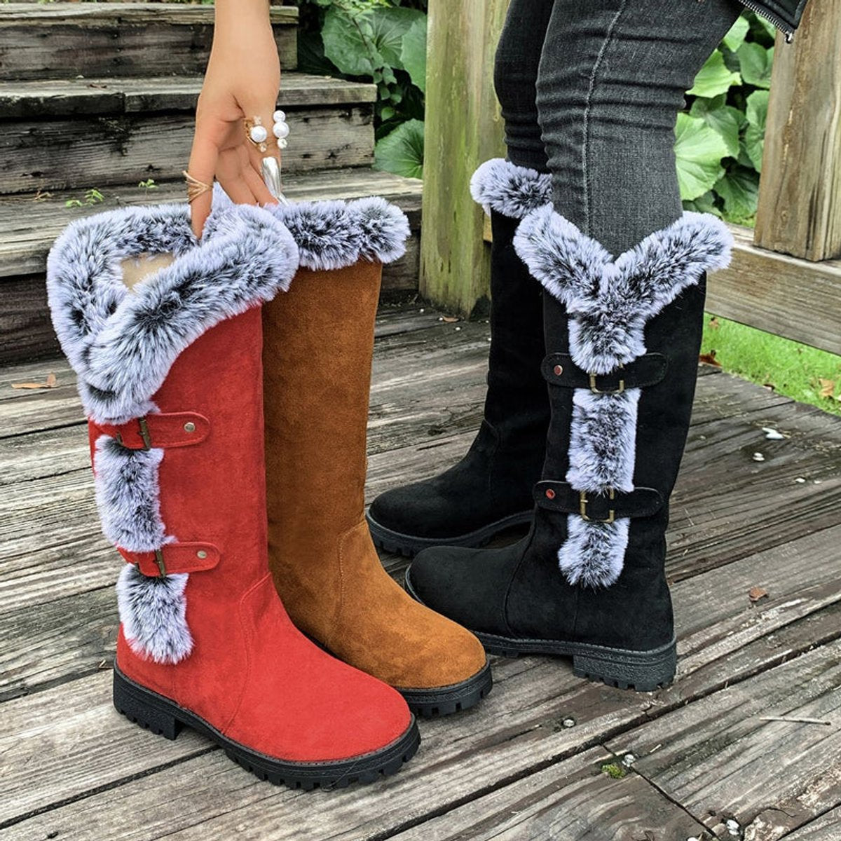 Women's Faux Suede Plush-Lined Buckle Knee High Boots