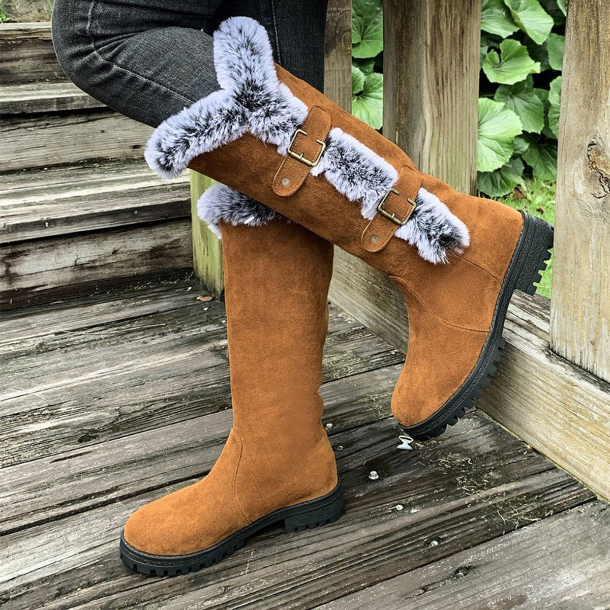 Women's Faux Suede Plush-Lined Buckle Knee High Boots - Light Brown