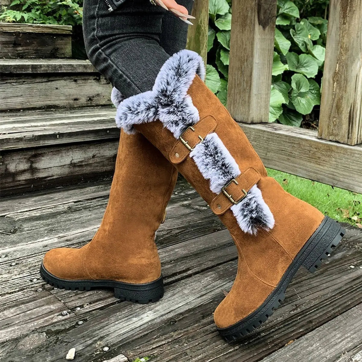 Women's Faux Suede Plush-Lined Buckle Knee High Boots
