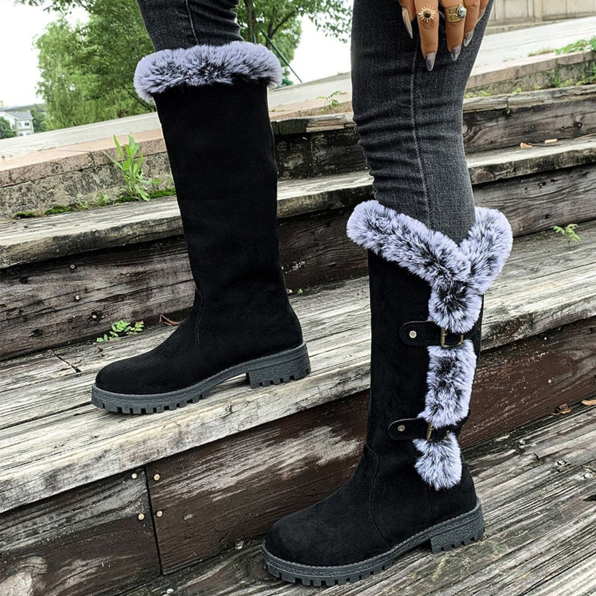 Women's Faux Suede Plush-Lined Buckle Knee High Boots