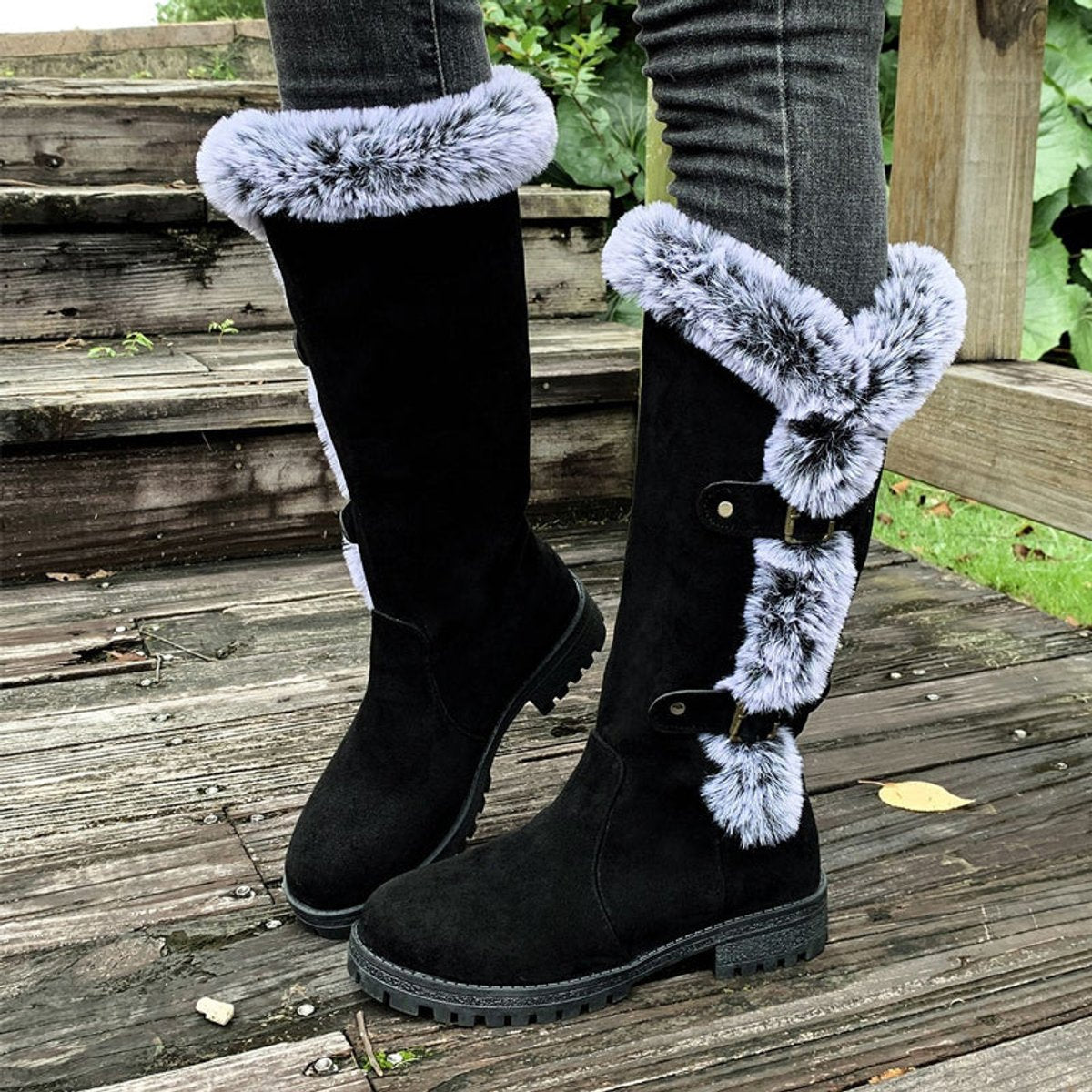 Women's Faux Suede Plush-Lined Buckle Knee High Boots - Black