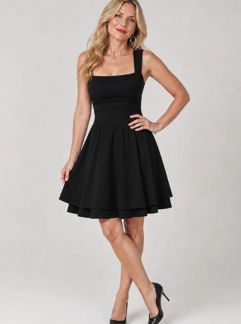 Women's Fit and Flare Mini Cocktail Dress Square Neck Ruched Waist - Black