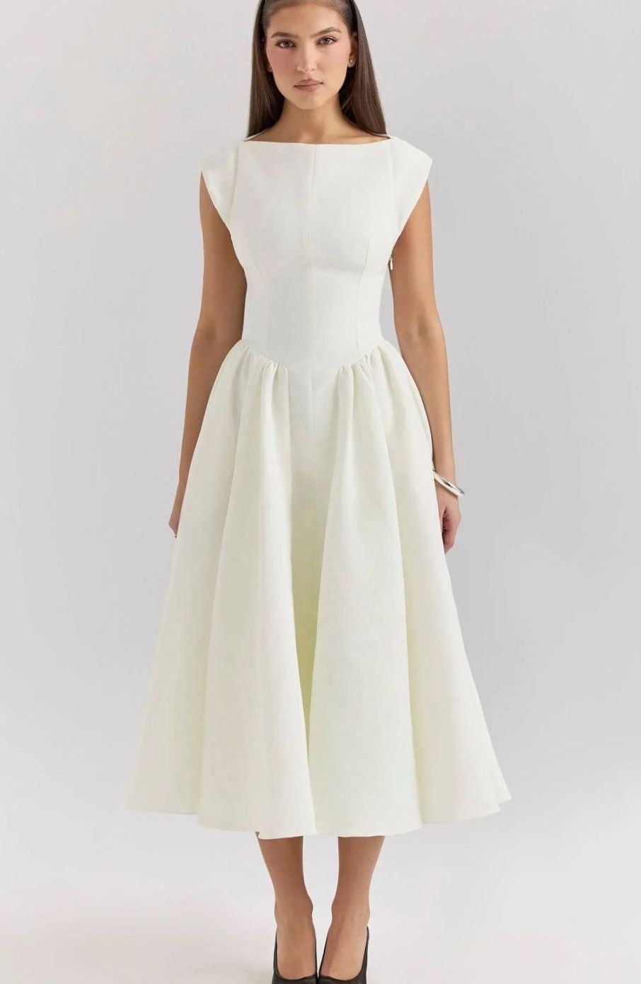 Women's Fitted Bodice Full-Skirt Midi Party Dress - White