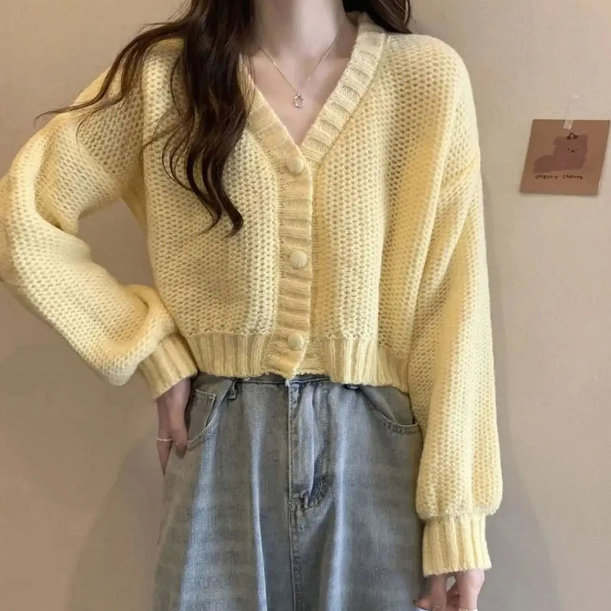 Women's Fitted Cropped V-Neck Knit Cardigan - Yellow