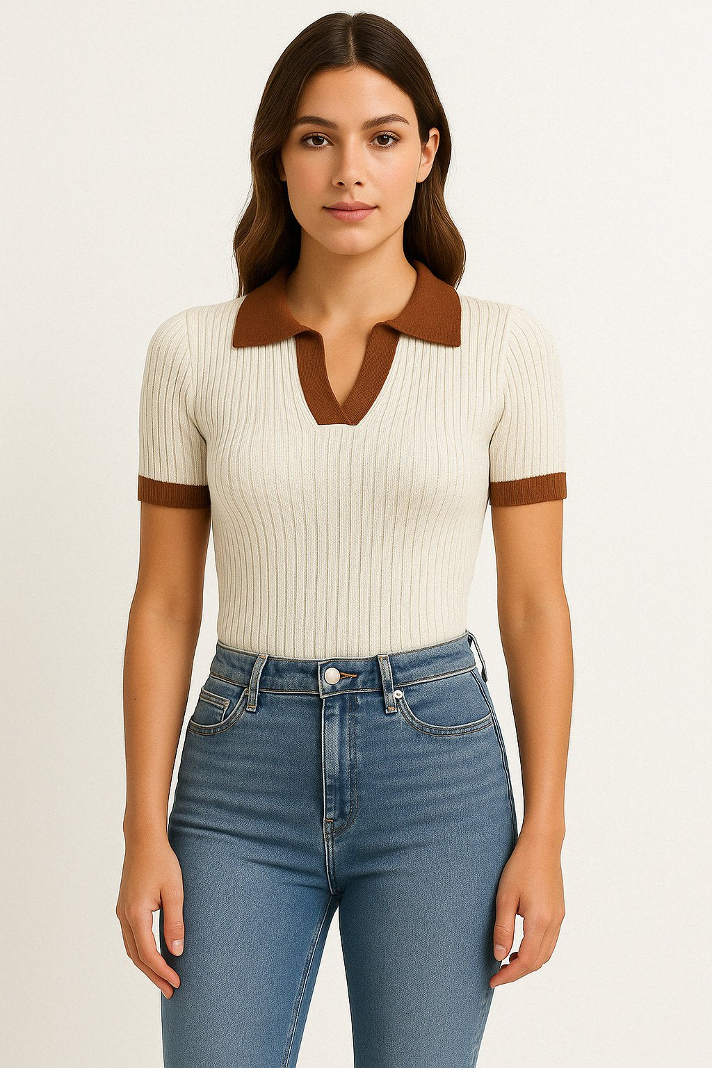 Women's Fitted Ribbed Polo Shirt Contrast Trim