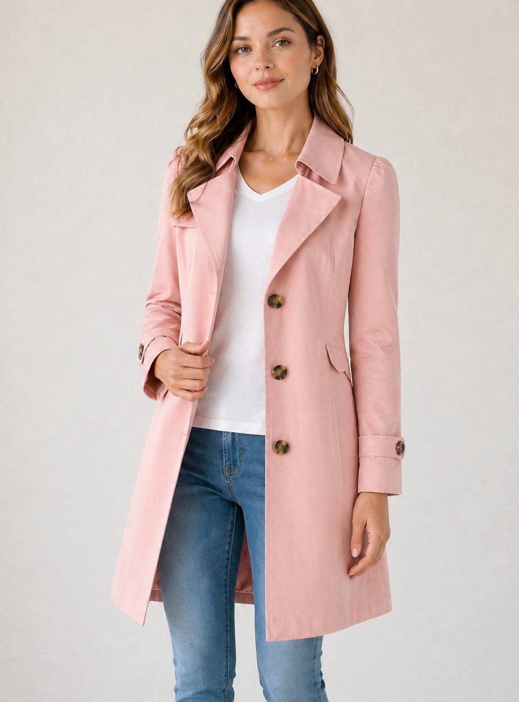 Women's Fitted Tailored Trench Coat Short Button-Up - Pink