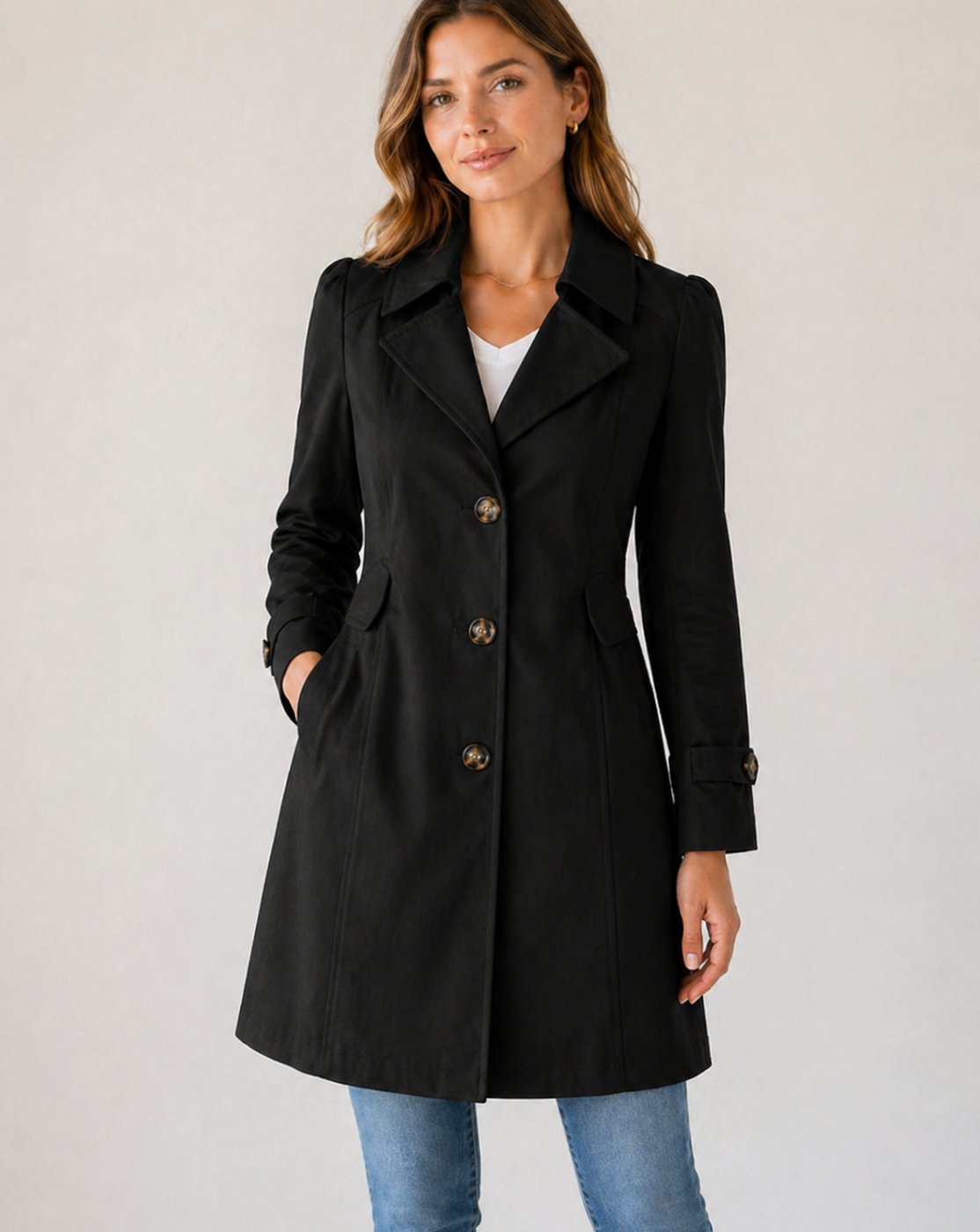 Women's Fitted Tailored Trench Coat Short Button-Up - Black