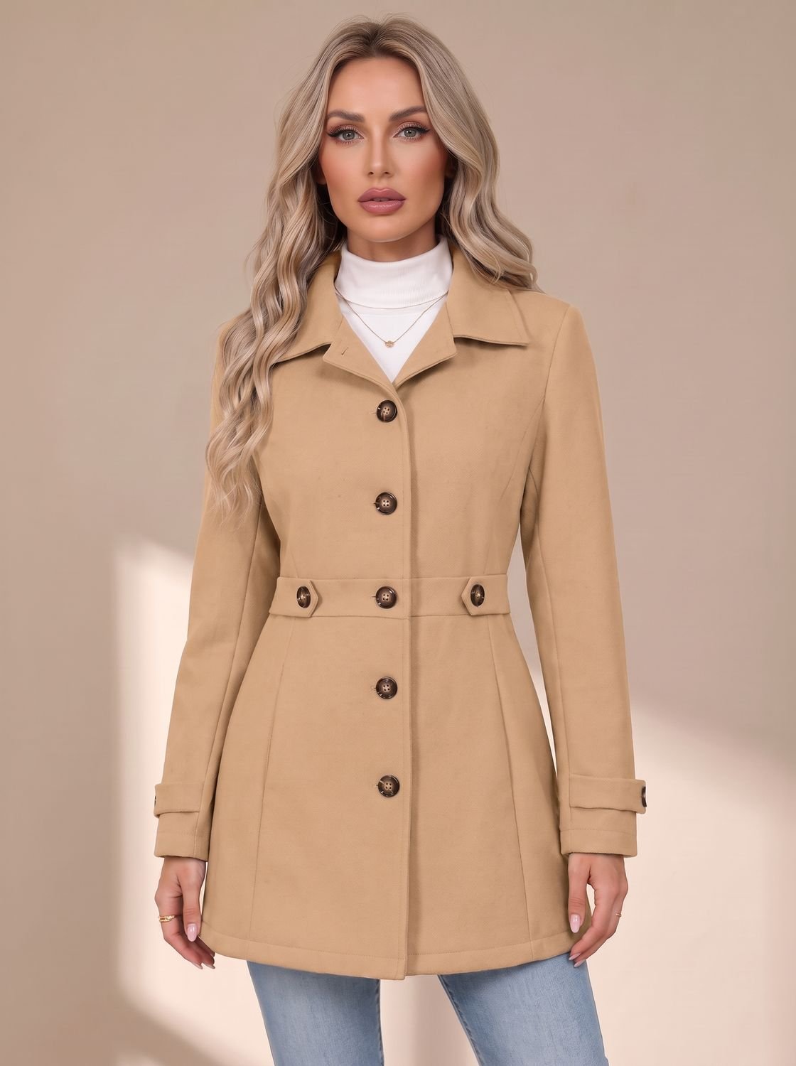 Women's Fitted Wool Coat Ladies Overcoat Button Front Defined Waist - Khaki
