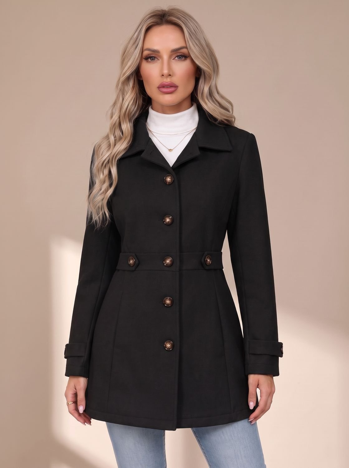Women's Fitted Wool Coat Ladies Overcoat Button Front Defined Waist - Black