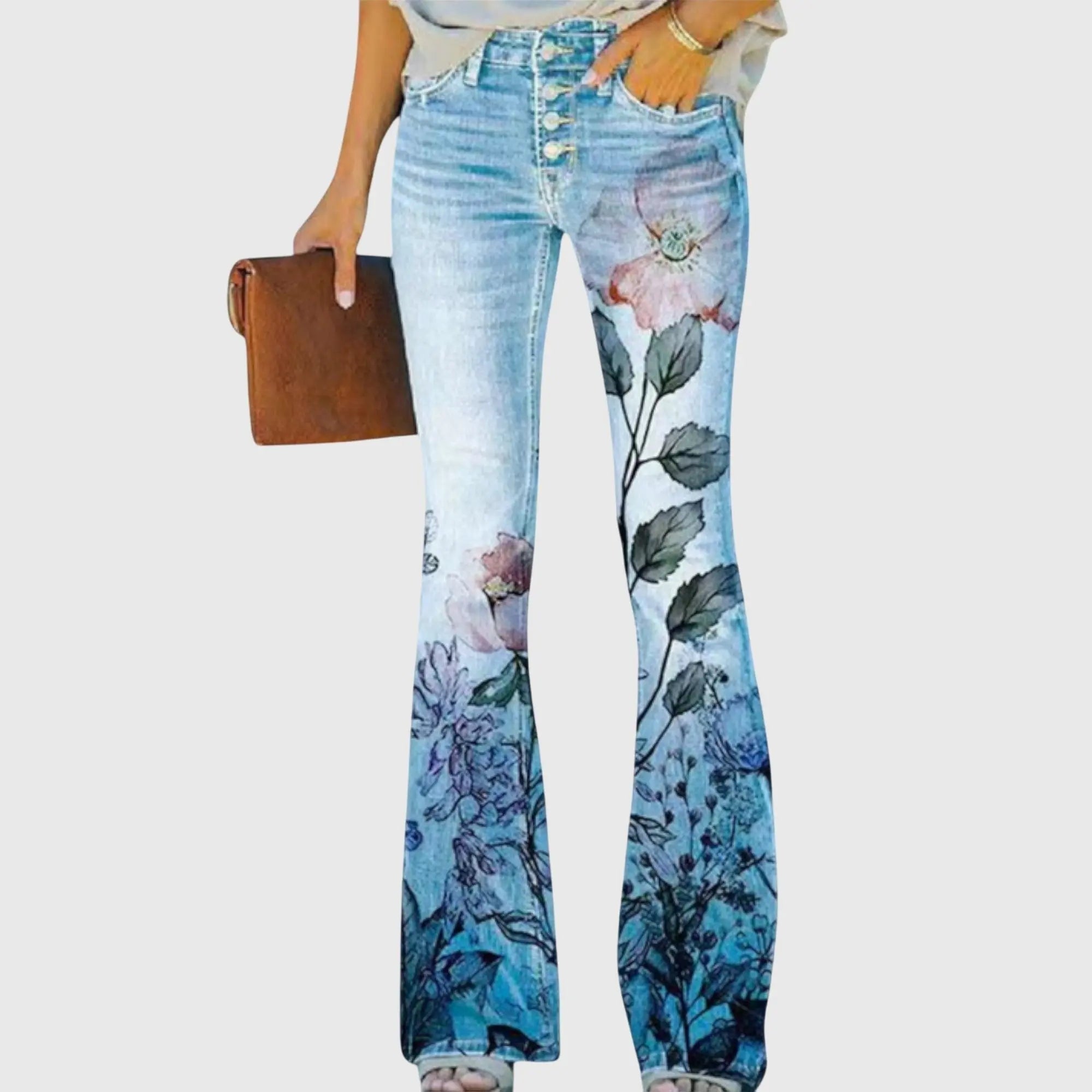 Women's Flare Trousers Wide Leg Floral Print High Waist - Blue Flower