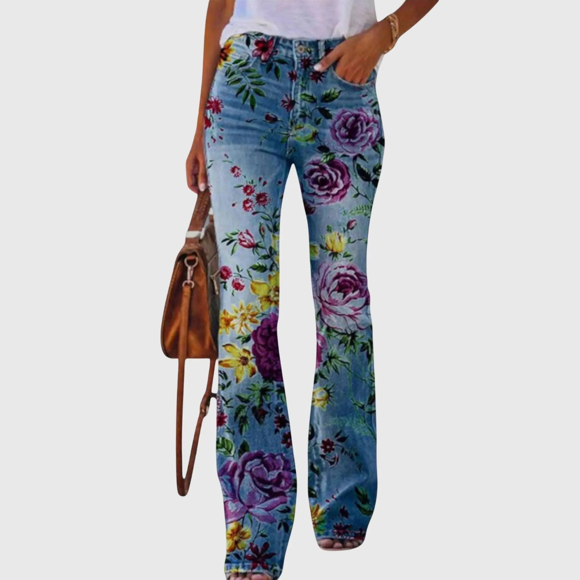 Women's Flare Trousers Wide Leg Floral Print High Waist - Purple Flower