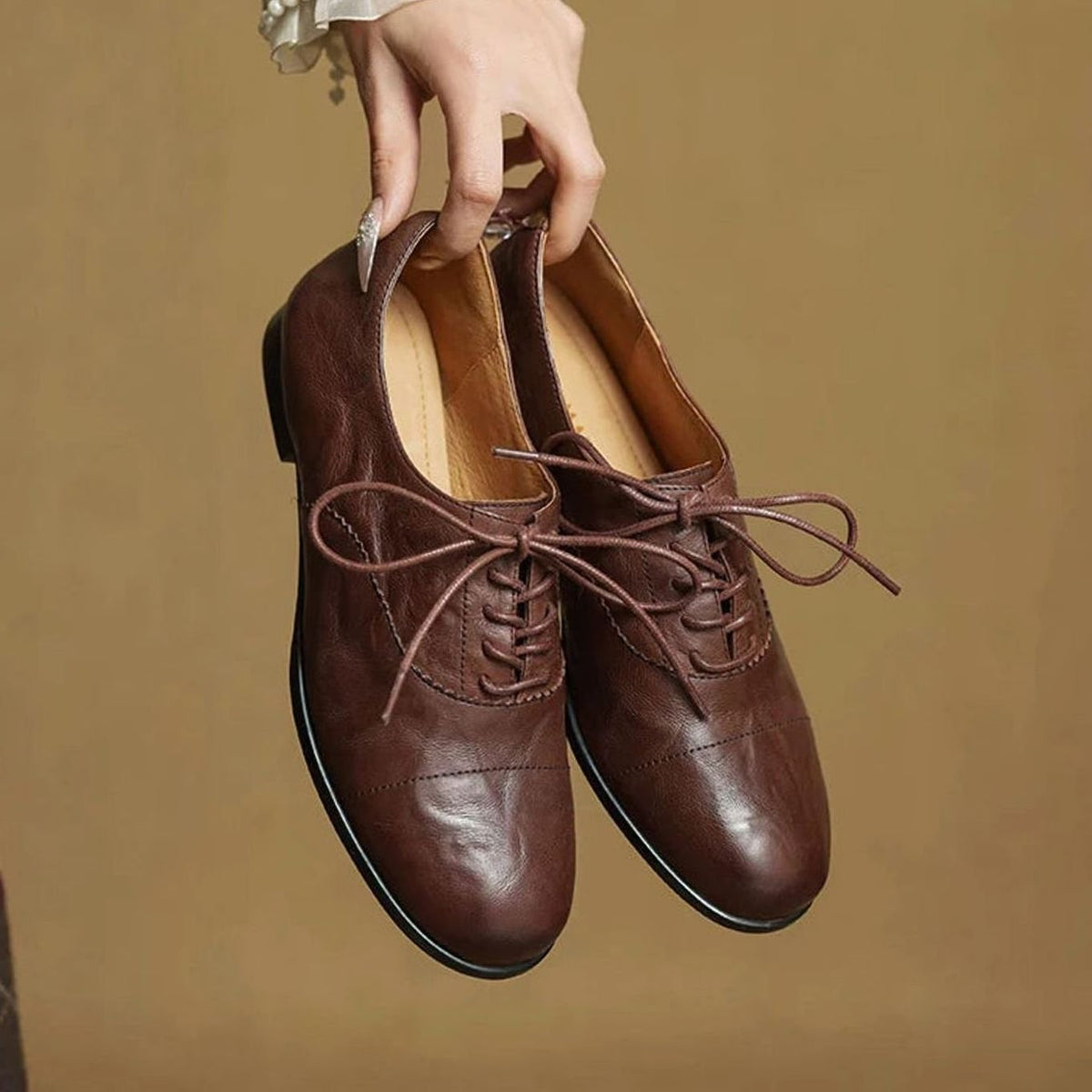 Women's Flat Oxford Shoes Leather Lace-Up Cap Toe