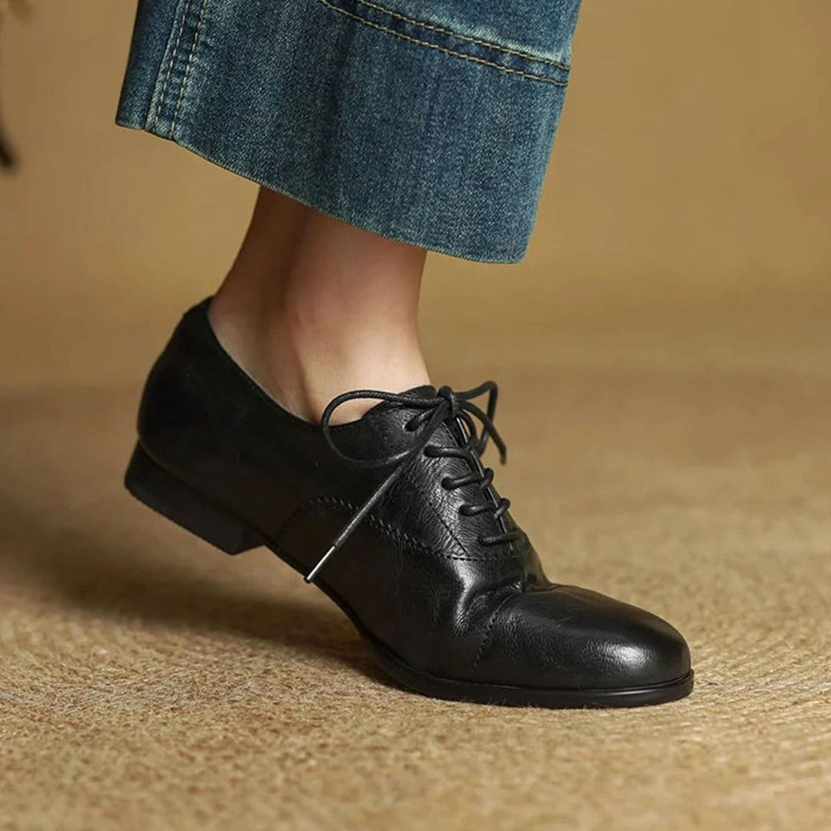 Women's Flat Oxford Shoes Leather Lace-Up Cap Toe - Black