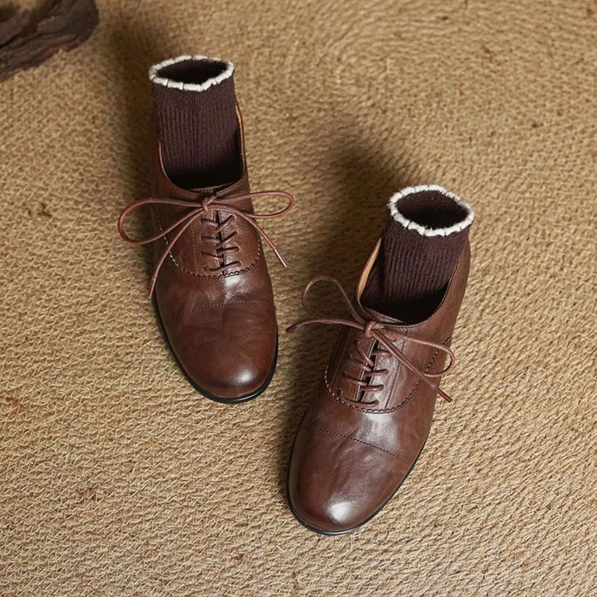 Women's Flat Oxford Shoes Leather Lace-Up Cap Toe