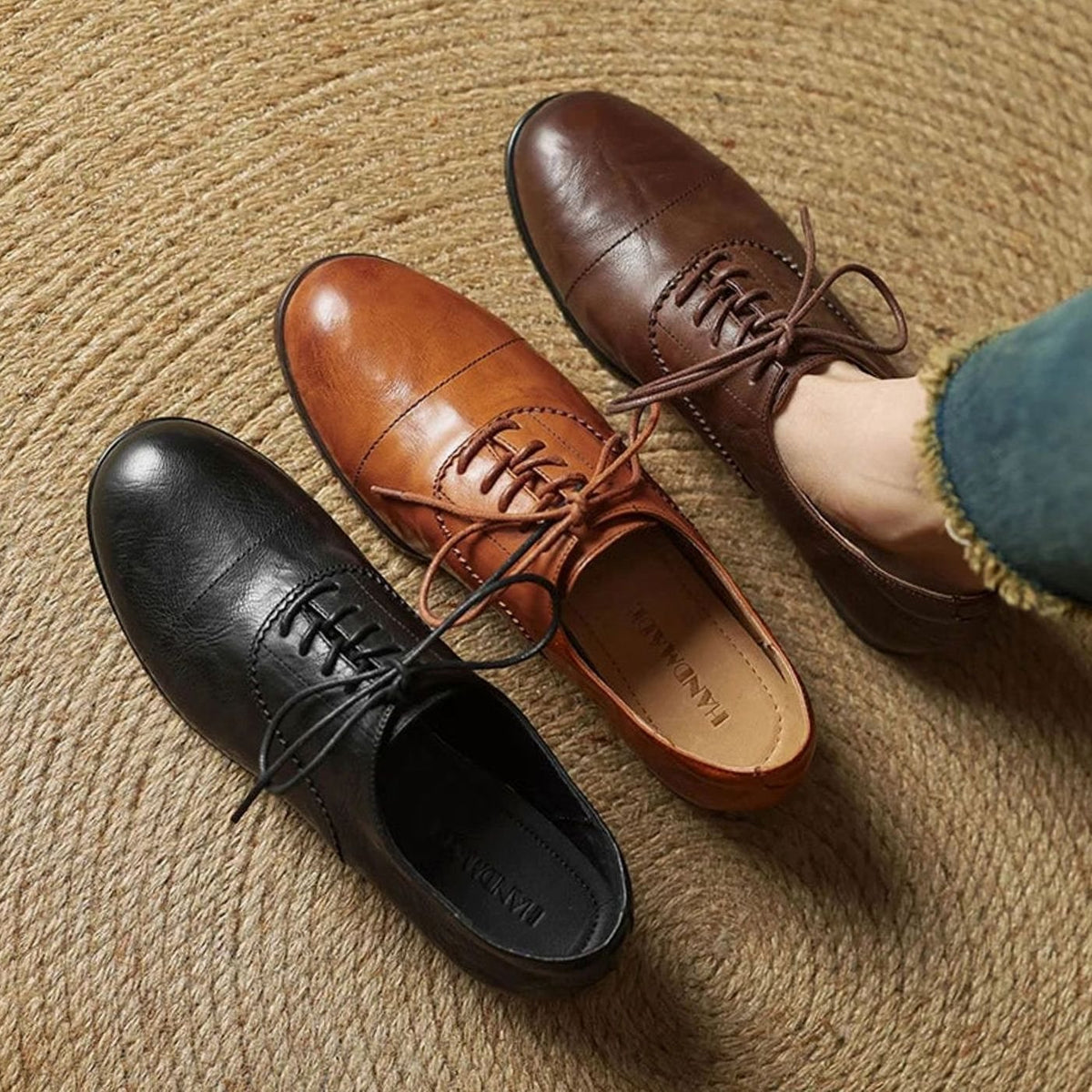 Women's Flat Oxford Shoes Leather Lace-Up Cap Toe