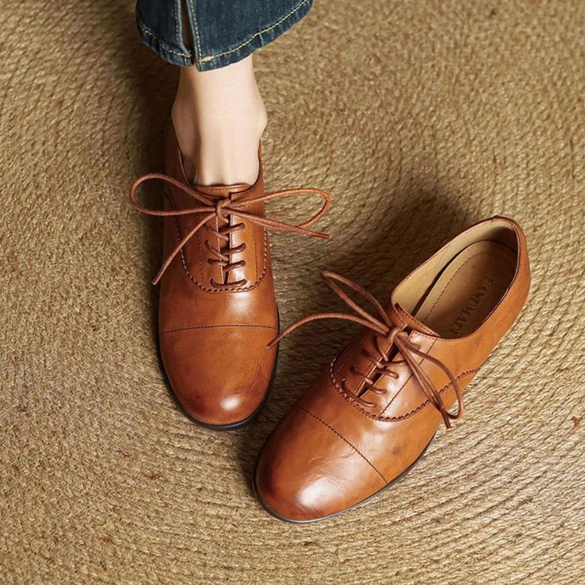 Women's Flat Oxford Shoes Leather Lace-Up Cap Toe