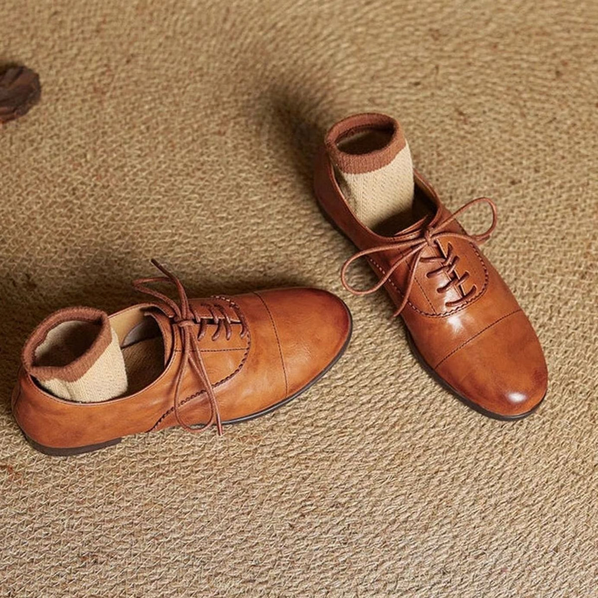 Women's Flat Oxford Shoes Leather Lace-Up Cap Toe