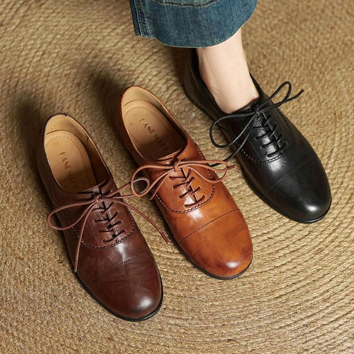Women's Flat Oxford Shoes Leather Lace-Up Cap Toe - Brown