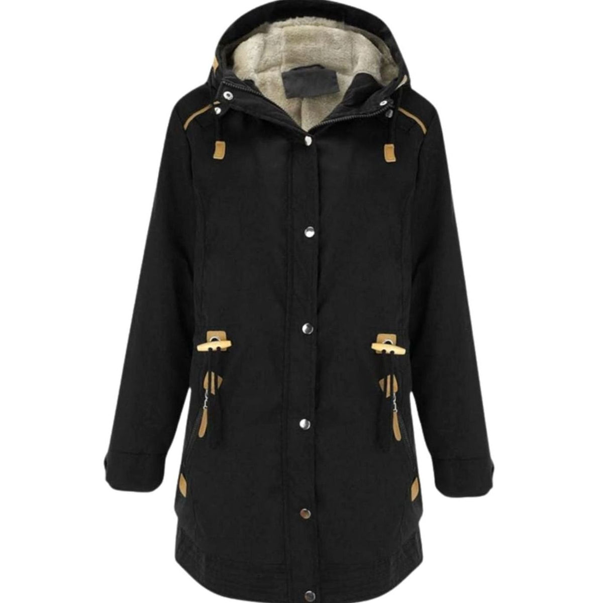 Women's Fleece-Lined Hooded Parka Coat Adjustable Waist - Black