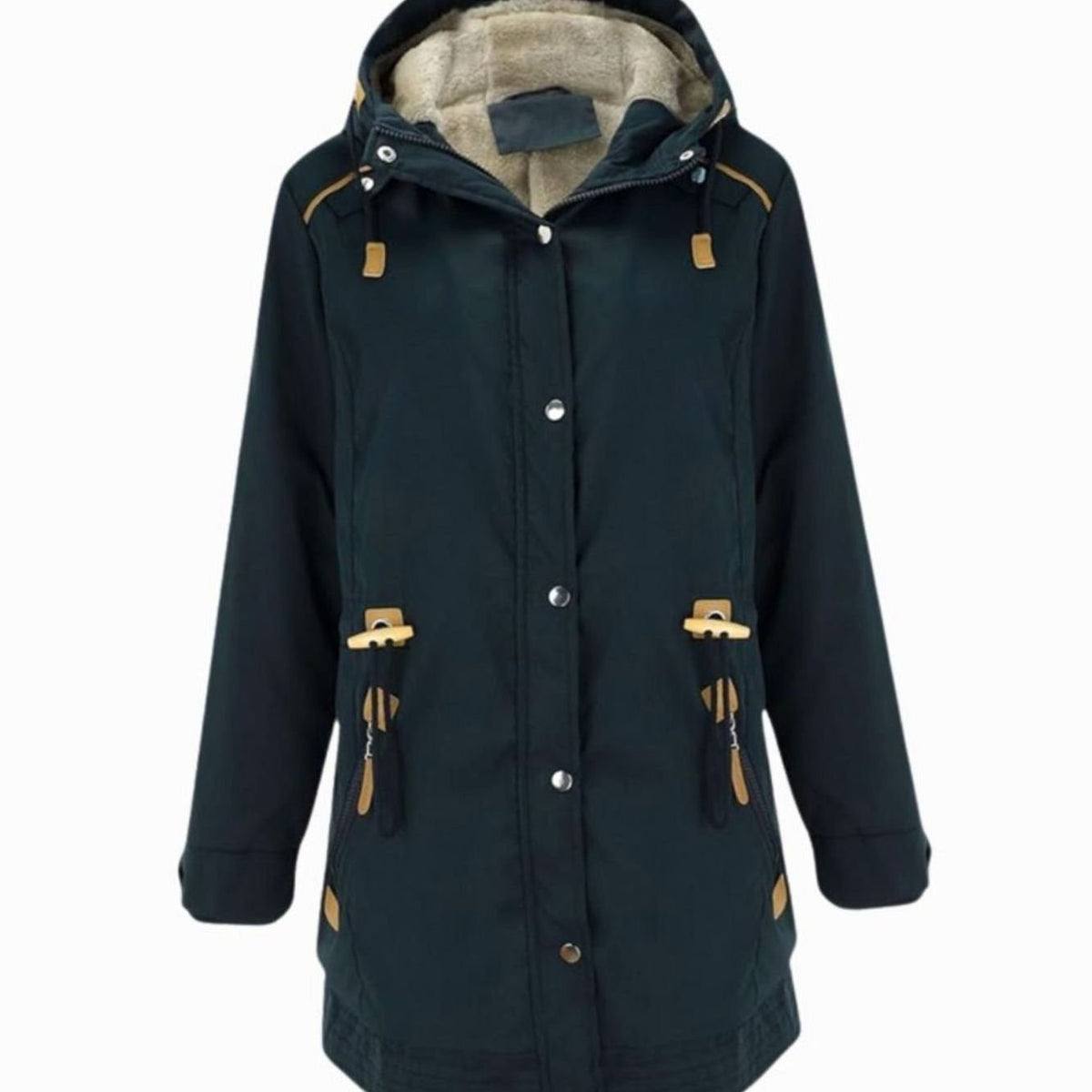 Women's Fleece-Lined Hooded Parka Coat Adjustable Waist - Navy Blue