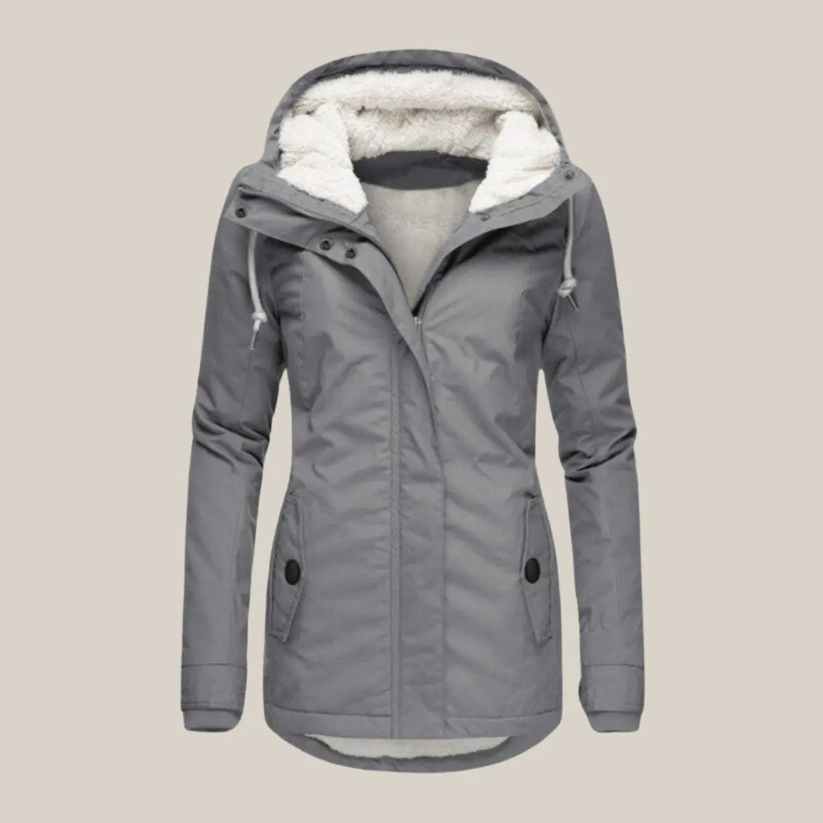 Women's Fleece-Lined Hooded Quilted Jacket Sherpa Winter Coat - Grey