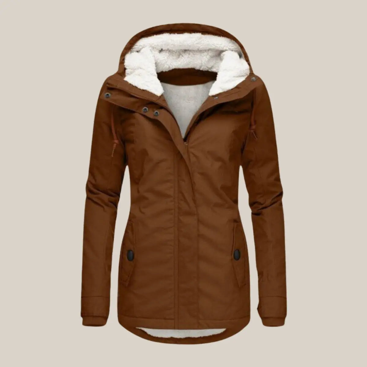 Women's Fleece-Lined Hooded Quilted Jacket Sherpa Winter Coat - Brown