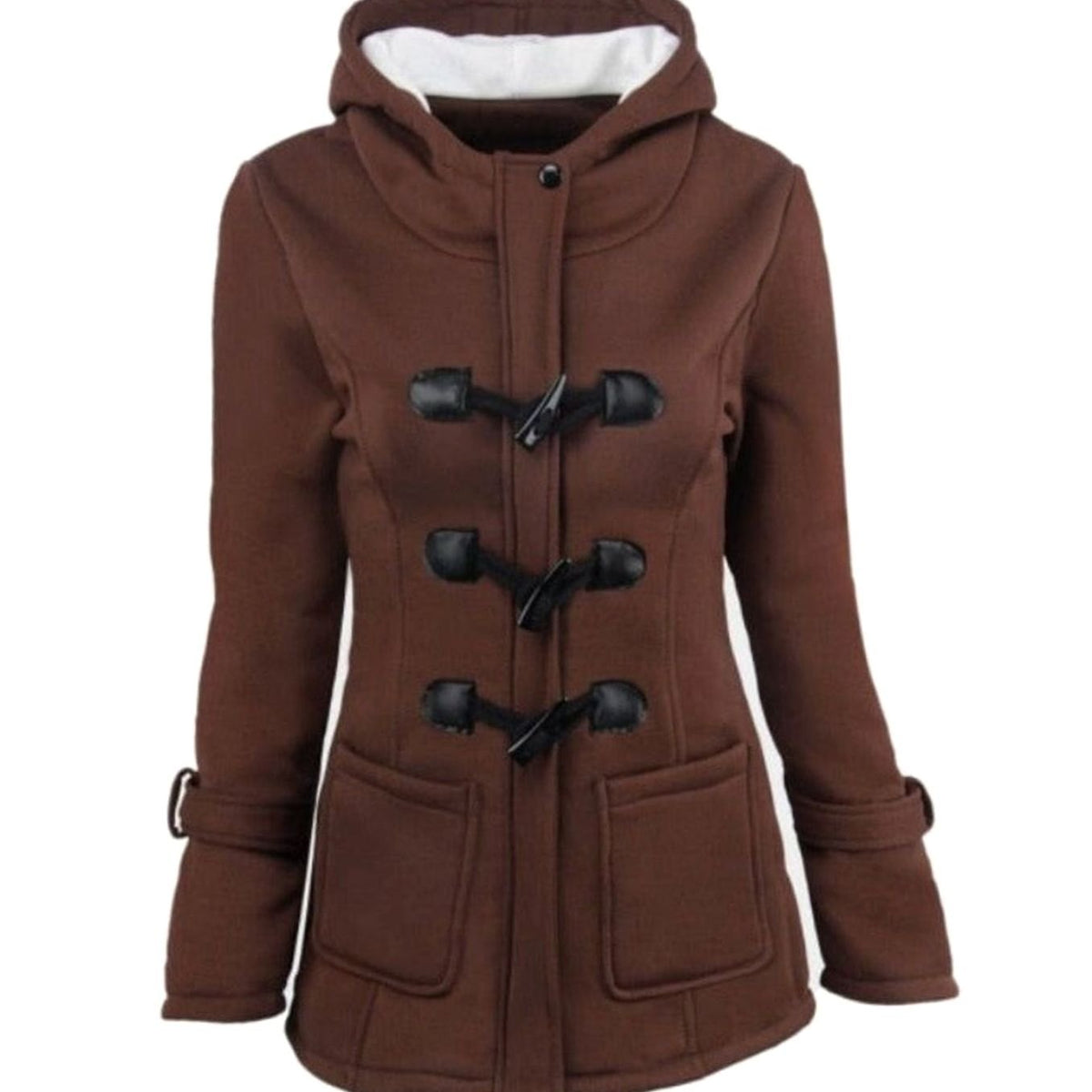 Women's Fleece-Lined Hooded Toggle-Button Winter Coat - Dark Brown