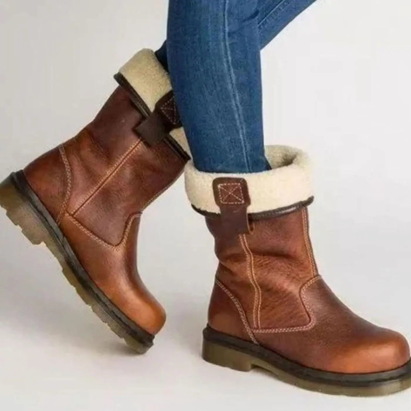 Women's Fleece-Lined Leather Winter Boots Mid-Calf Slip-On